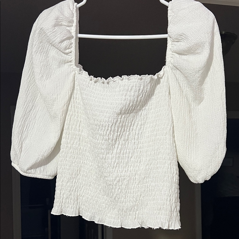Chic White Smocked Blouse with Puff Sleeves